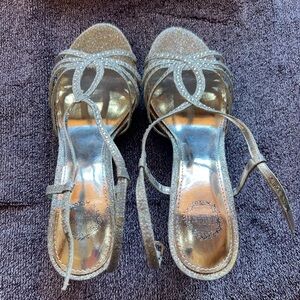 Elegant Shiny Silver Strappy Crystal Women's Heels Size 7